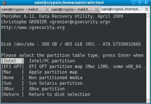 PhotoRec Partition Selection