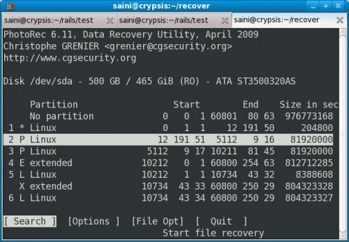 PhotoRec Partition Selection